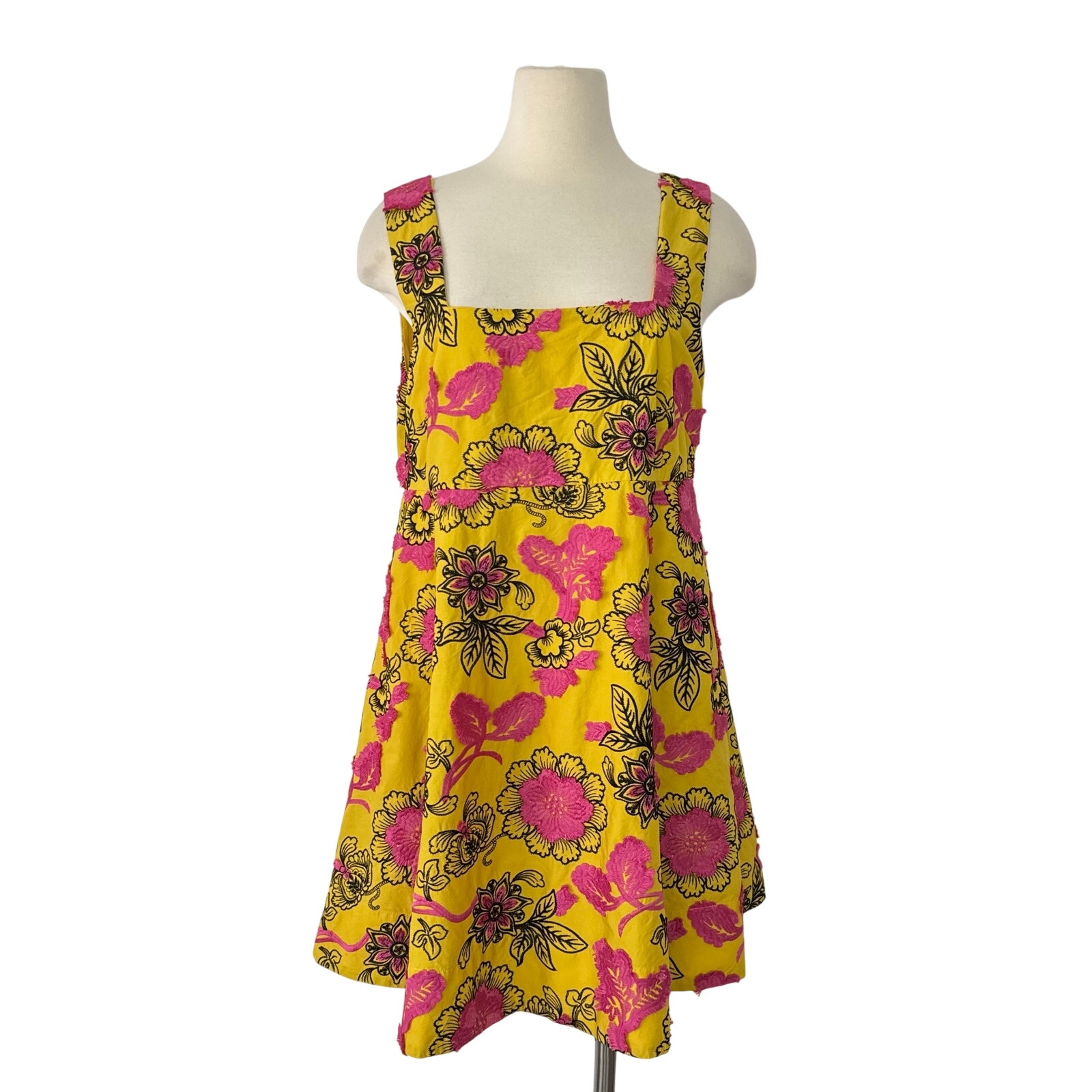 Anthropologie Eliska Embroidered Mini Dress Square-Neck Cotton Yellow Pink Us12